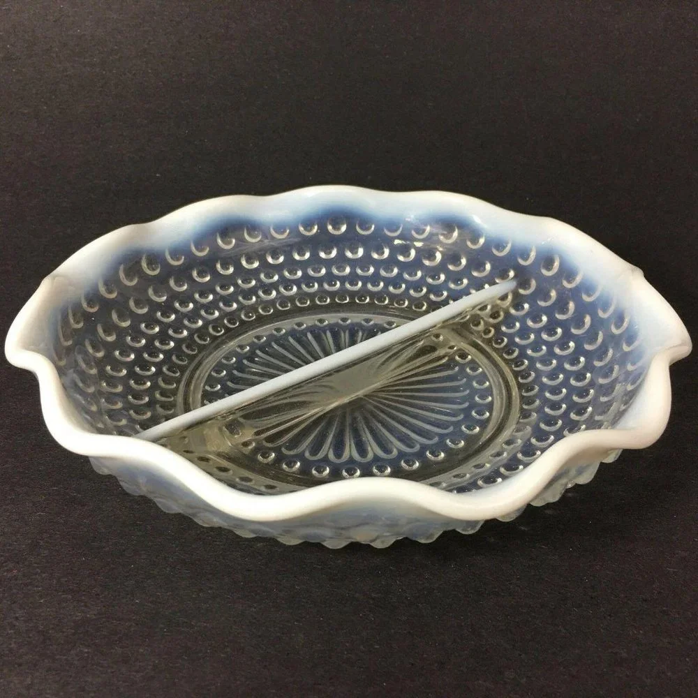 Fenton Opalescent Moonstone Hobnail Dish Glass Divided Round Scallop Edge 7 3/4